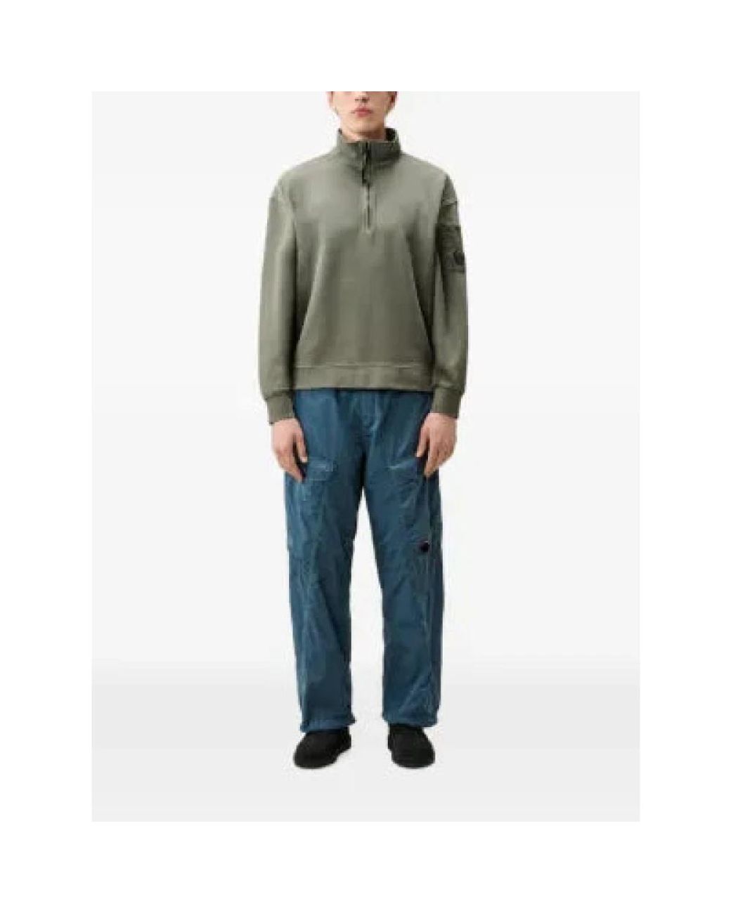 C P Company Green Brushed Diagonal Fleece Mixed Boxy Half Zip Lens Sweatshirt for men