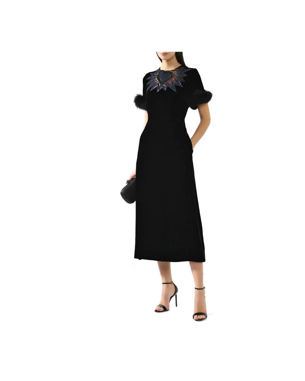 Fendi Black Fur Trim Velvet Midi Dress