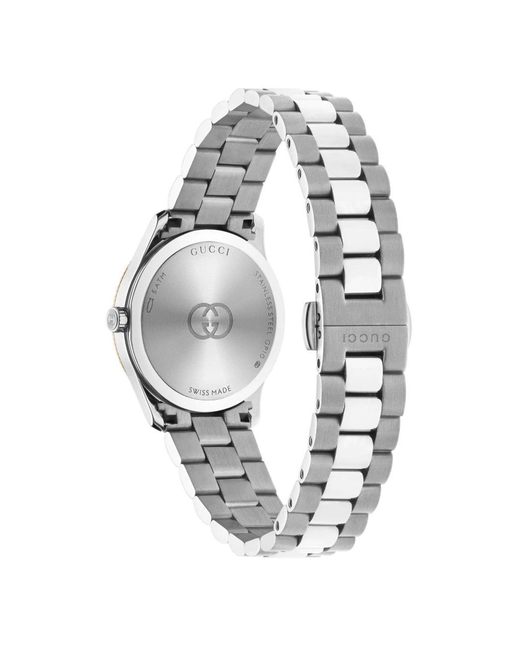 Gucci Metallic 29 Mm Edelstahlgehäuse, Roségold Plattierter Lünette, Silbernes Zifferblatt, Edelstahlarmband, Quarzwerk