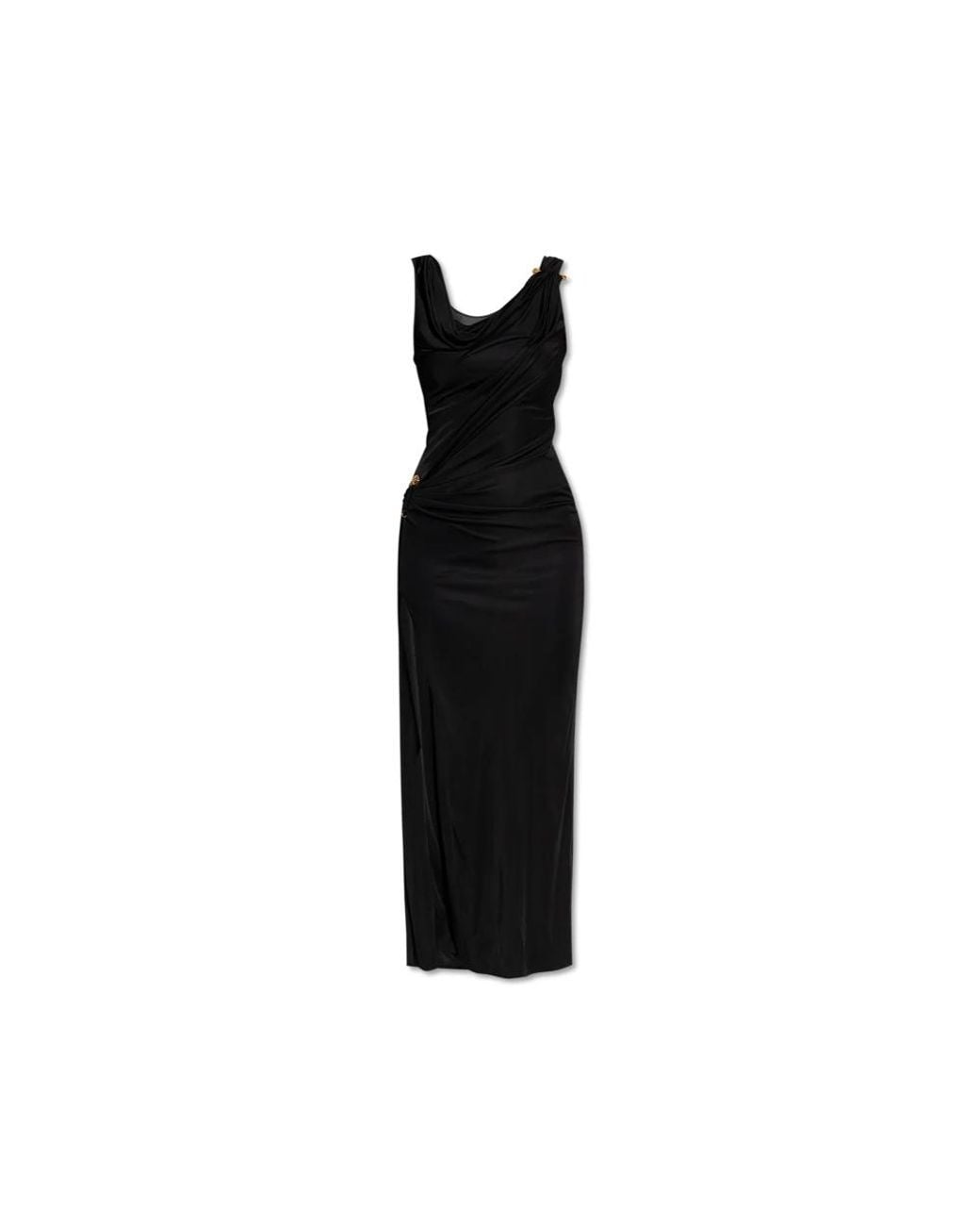 Versace Kleedjes ,Zwart ,Leer Lange Jurk Met Decoratieve Veiligheidsspeld in het Black
