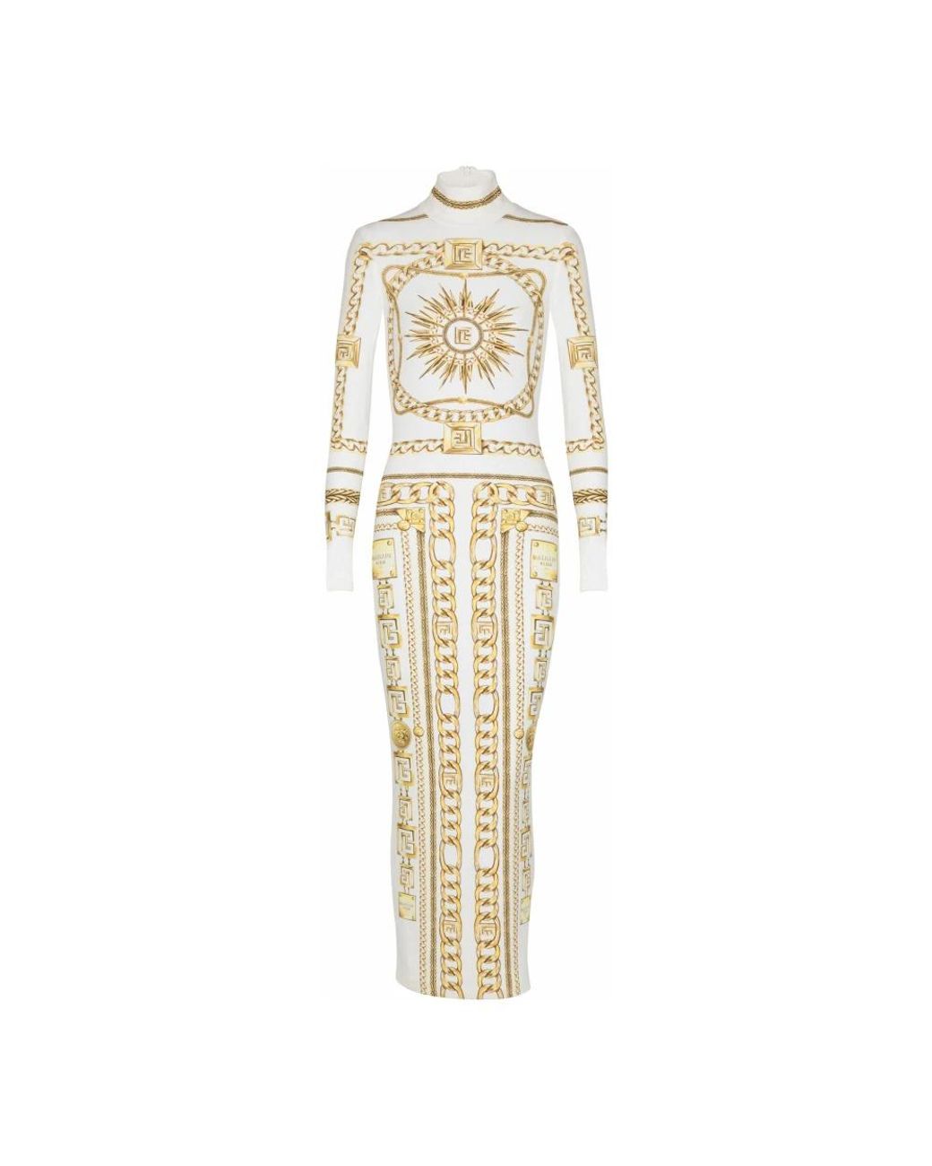 Balmain Kleedjes ,Geel ,Lange Bodycon Jurk Met Print En Foulard-Motief in het Metallic
