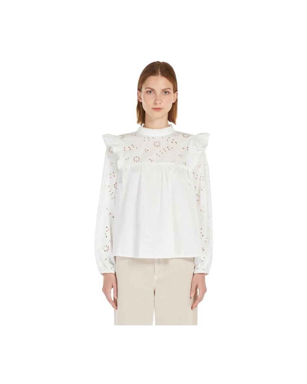 Max Mara Overhemden ,Wit ,Katoen Taddeo Katoenen Poplin Blouse Met Borduursel in het White