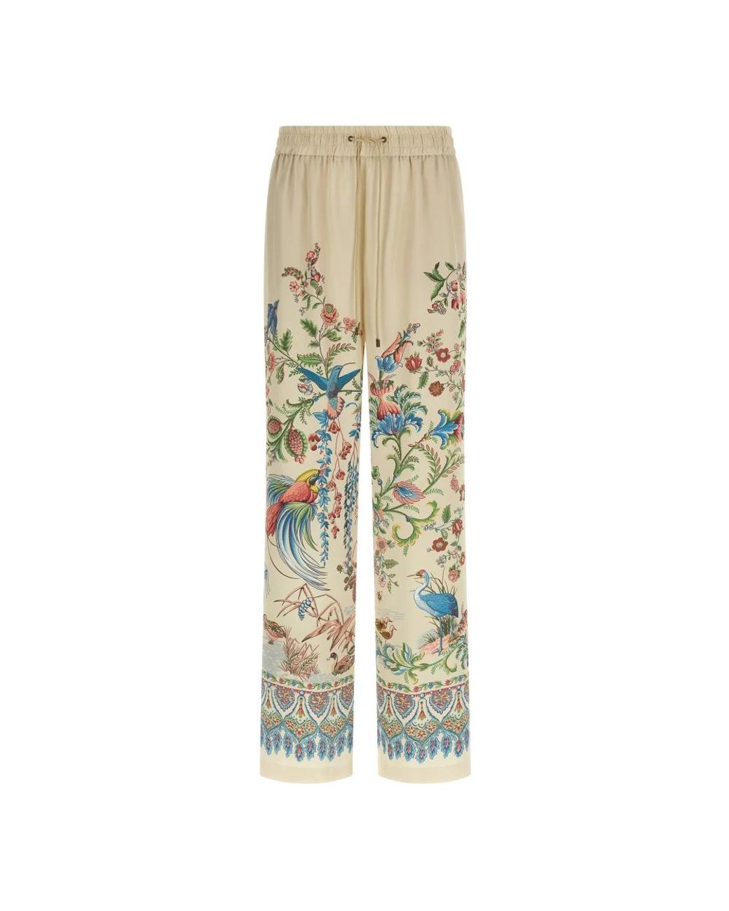 Etro Broeken ,Polyester Wijde Pijpen Broek Met Geplaatste Flora- En Fauna-Print in het Metallic