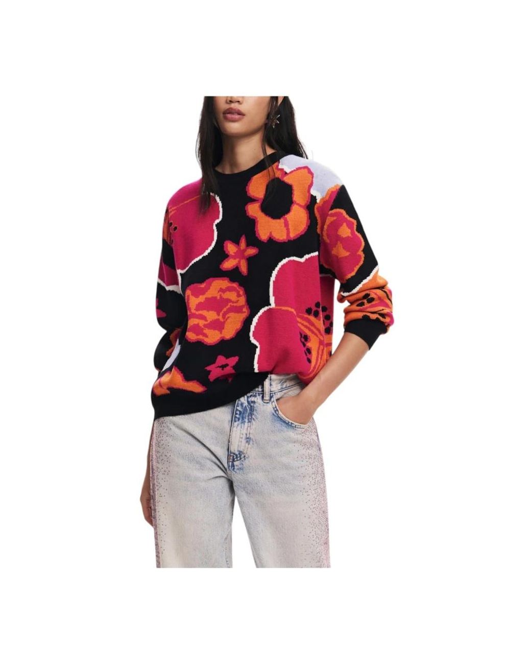 Desigual Red Pullover-Strickware Mit Blumenmuster, Langarm