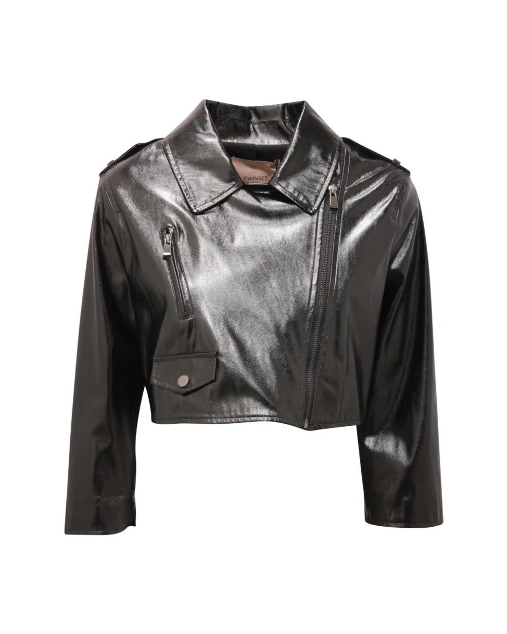 Twinset Jassen ,Zwart ,Eco Leren Crop Jas in het Gray