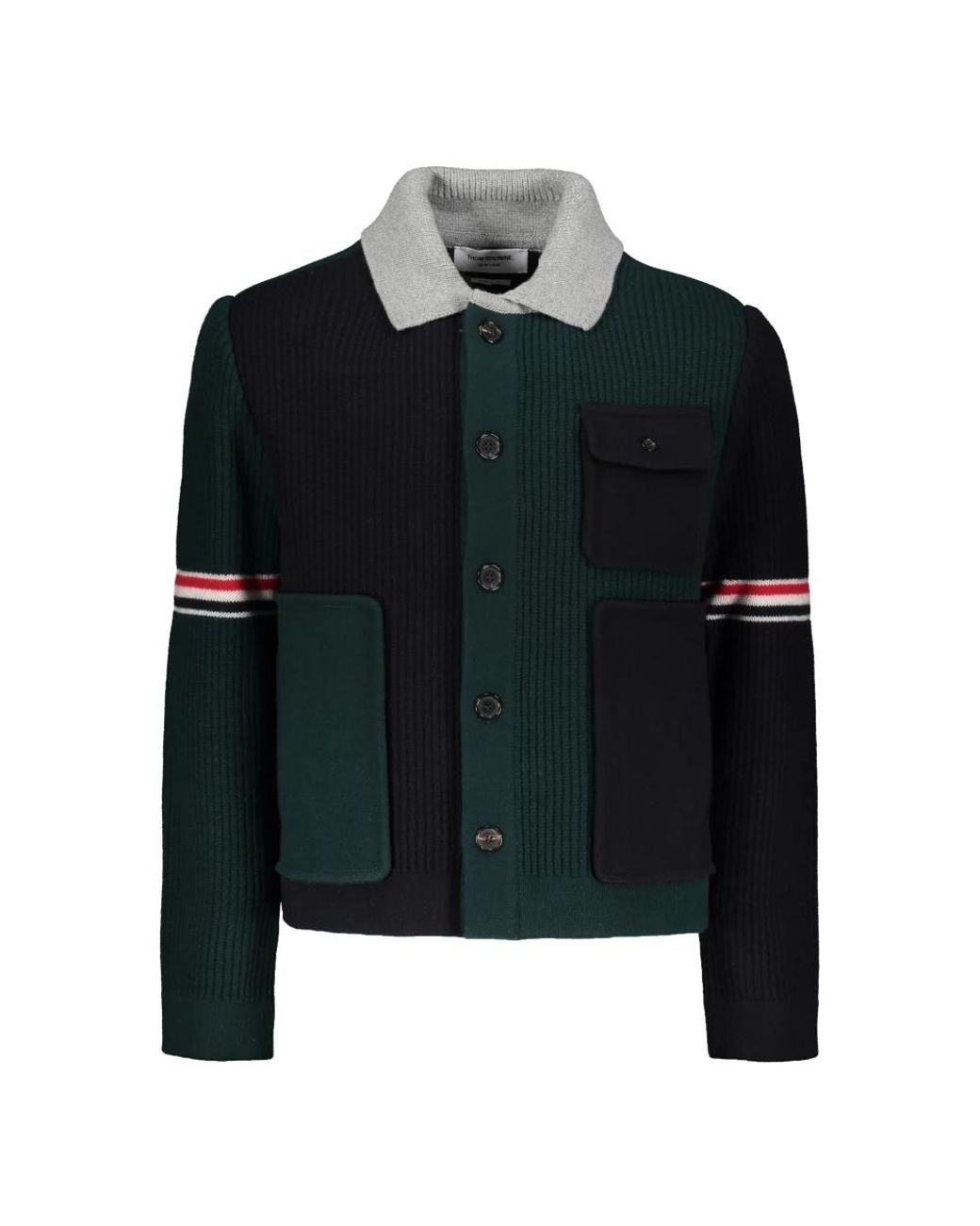 Thom Browne Truien & Vesten ,Groen ,Wol Wollen Cardigan Met Tricolore Details in het Black voor heren