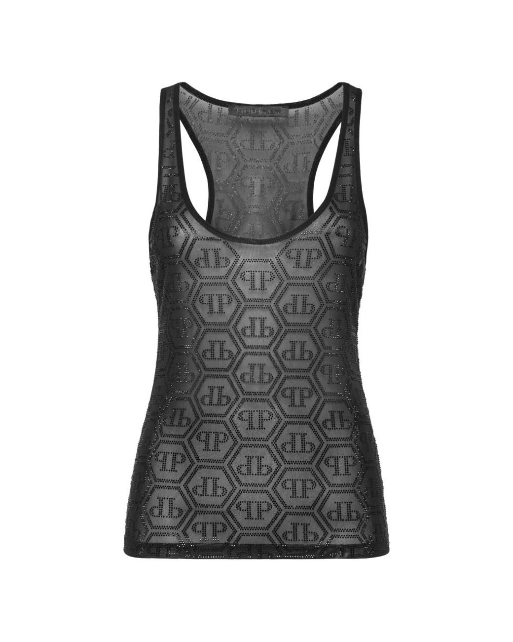 Philipp Plein Tops ,Zwart ,Katoen Tulle Tank Top Monogram Strass in het Black