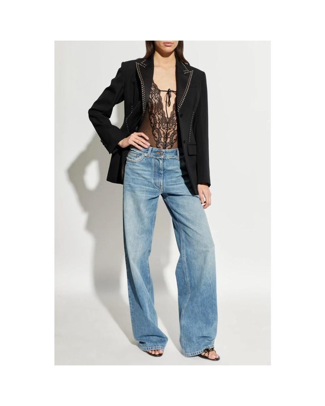 Versace Tops ,Zwart ,Geborduurde Bodysuit Met Kant in het Black