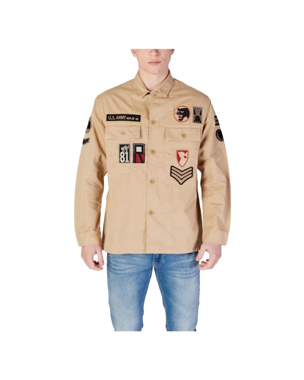 Replay Overhemden ,Katoen Long Sleeve Cotton Shirt in het Natural voor heren