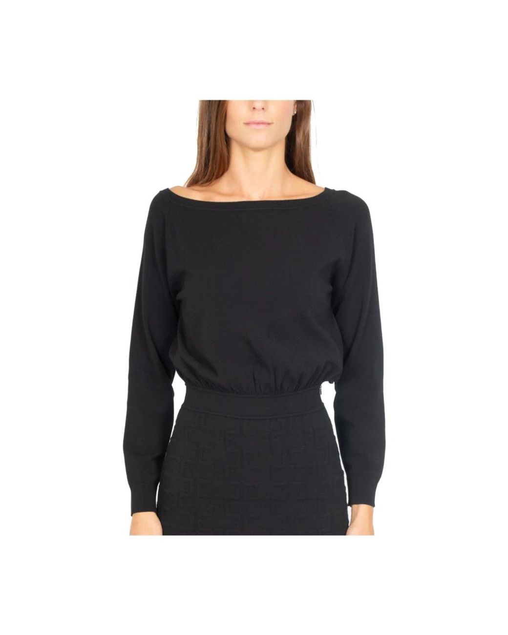 Elisabetta Franchi Kleedjes ,Zwart ,Leer Zwarte Gebreide Longuette Jurk Met Jacquard in het Black