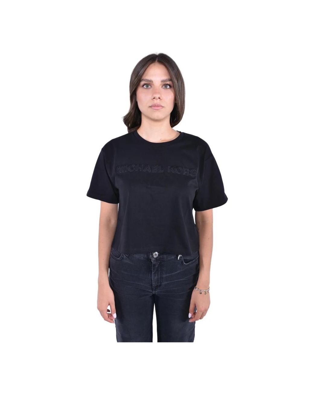 Michael Kors Tops ,Zwart ,Katoen Katoenen Jersey T-Shirt Met Logo En Studs in het Black