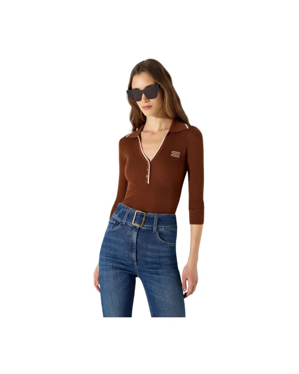 Elisabetta Franchi Brown V-Neck Knitwear