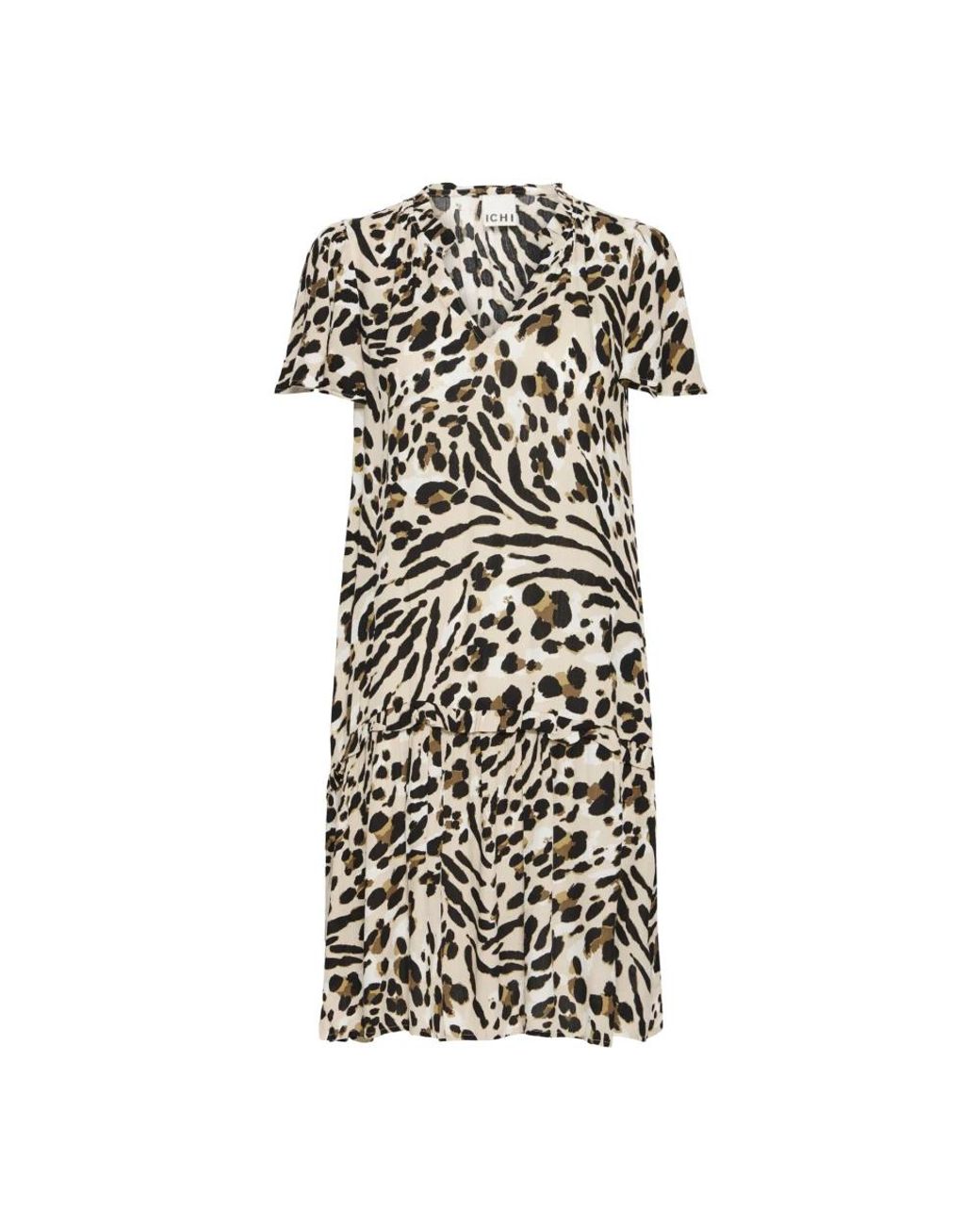 Ichi Kleedjes ,Veelkleurig ,Jurk Met Dierenprint En Ruche Zoom in het Black