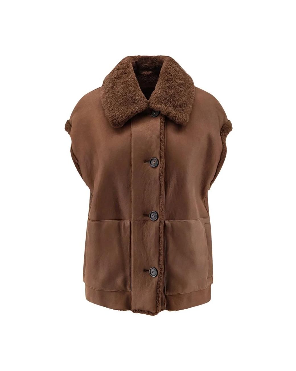 Brunello Cucinelli Shearling Mouwloze Jas in het Brown