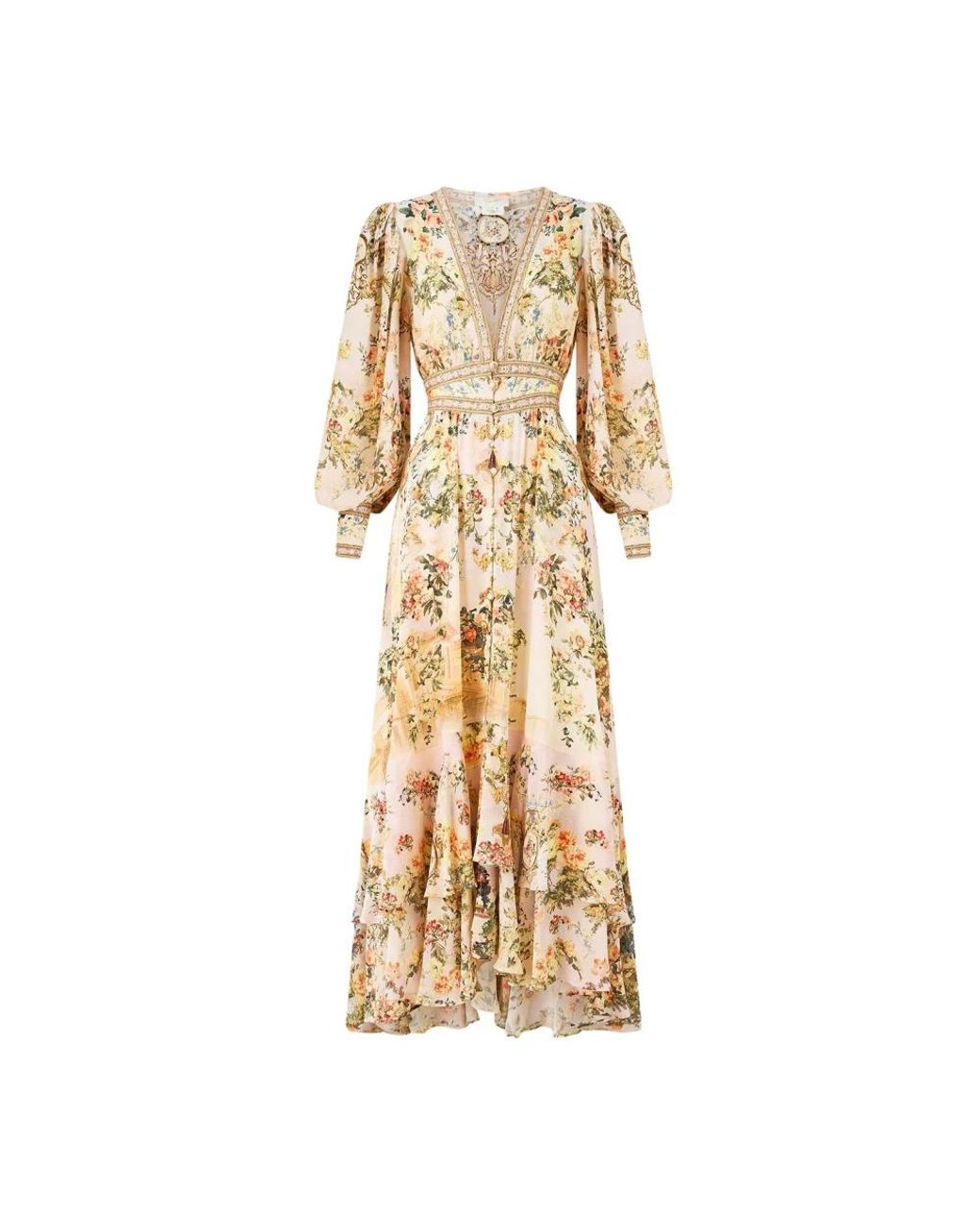 Camilla Long Button Front Silk Dress in het Metallic