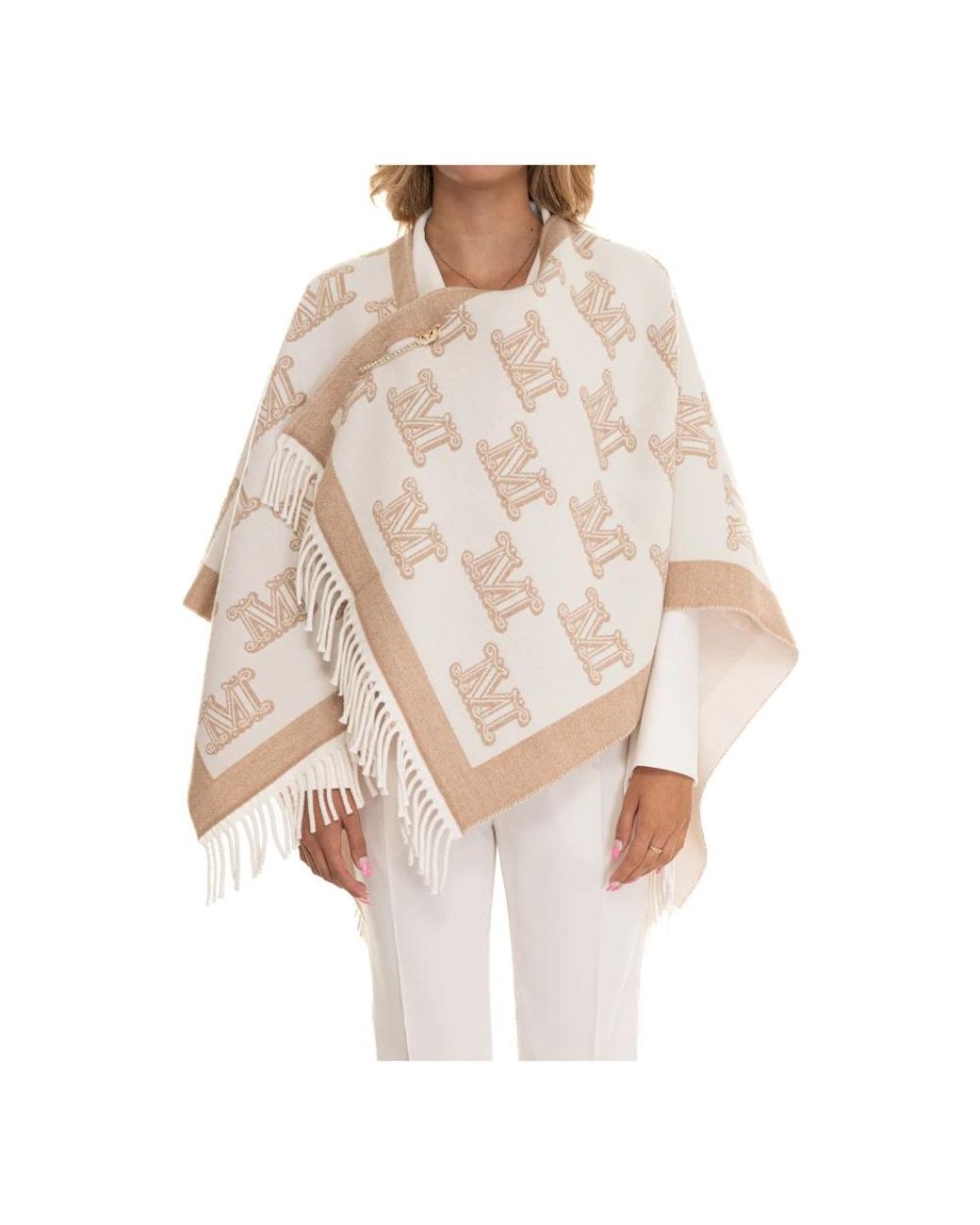Max Mara Jassen ,Wit ,Wol Dubbelzijdige Franje Zoom Wollen Cape in het White