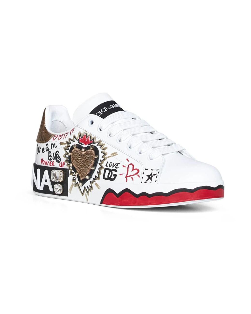 Dolce & Gabbana White Portofino Graphic Print Leather Sneakers