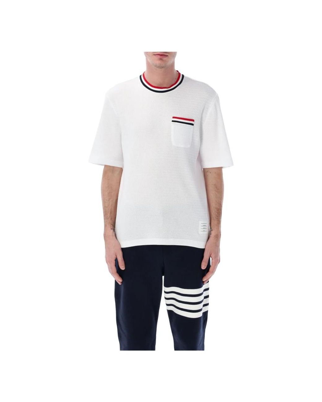 Thom Browne Tops ,Wit ,Katoen T-Shirt Met Korte Mouwen, Streepdetails En Borstzak in het Blue voor heren