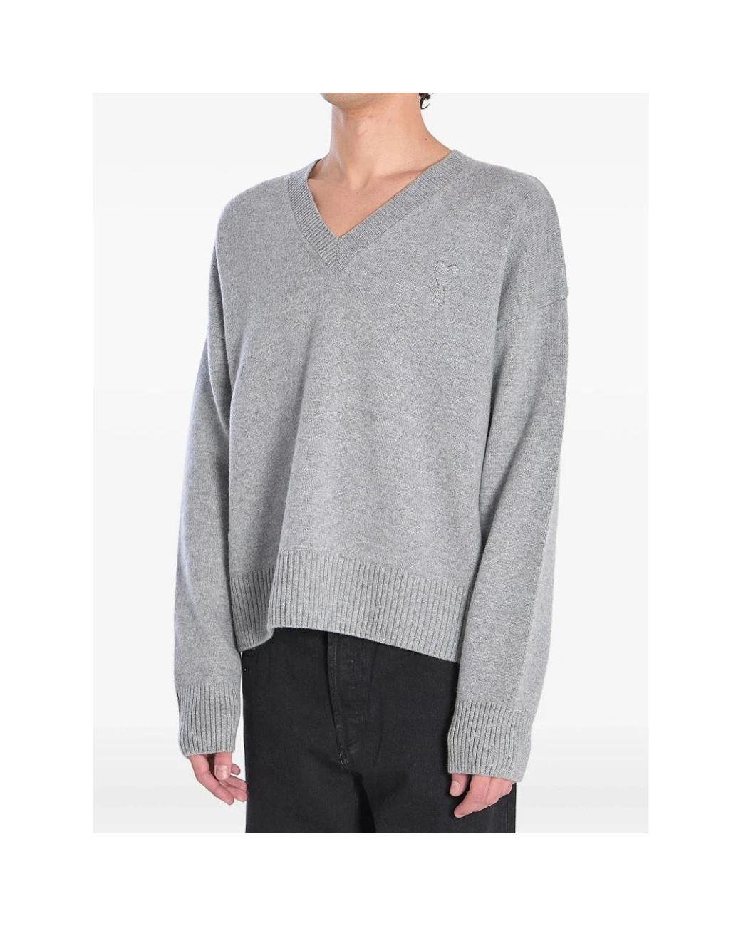 AMI Grijze V-Hals Ribgebreide Trui Met Logo in het Gray voor heren