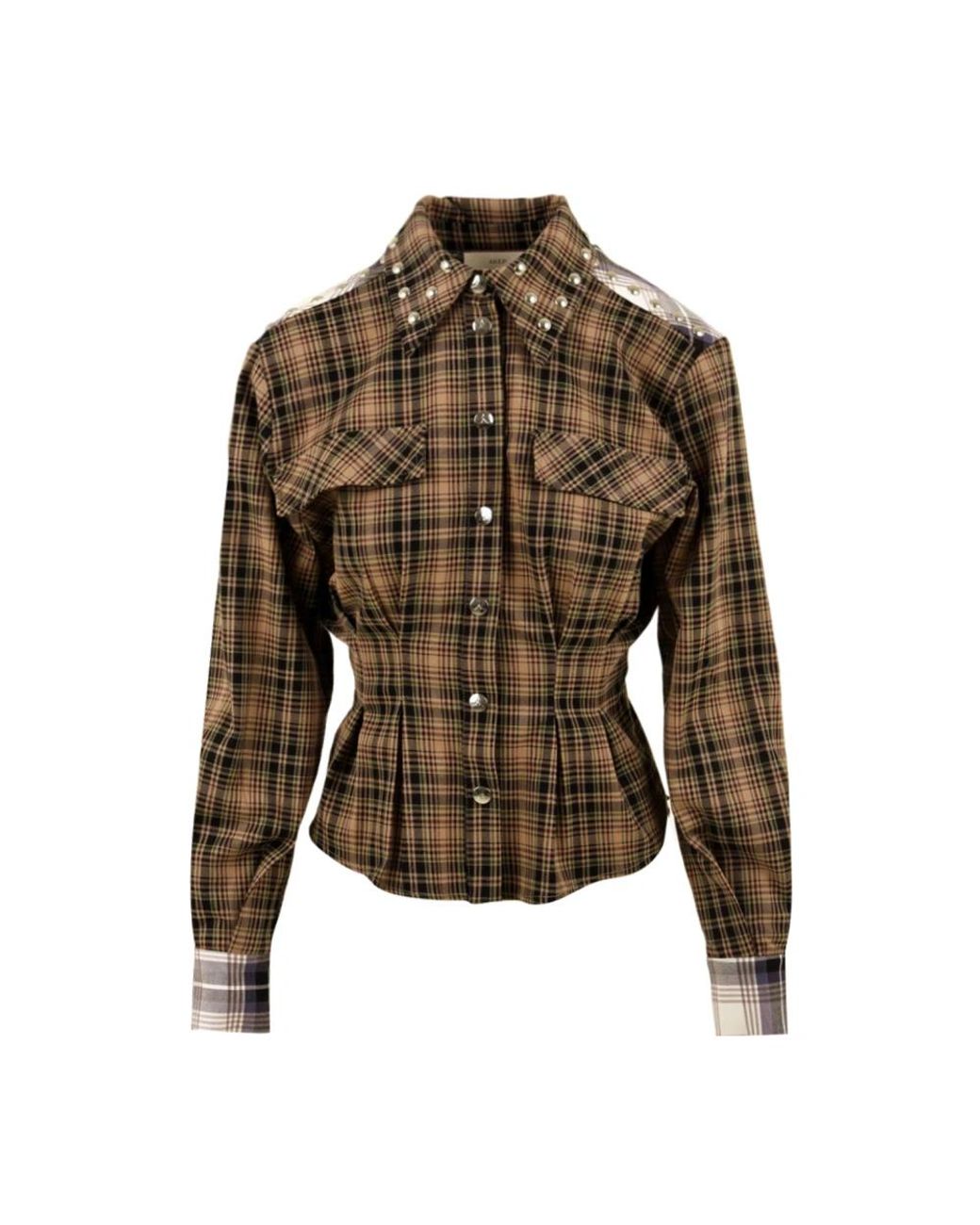 Akep Overhemden ,Veelkleurig ,Leer Studded Check Fabric Bustier Shirt in het Green