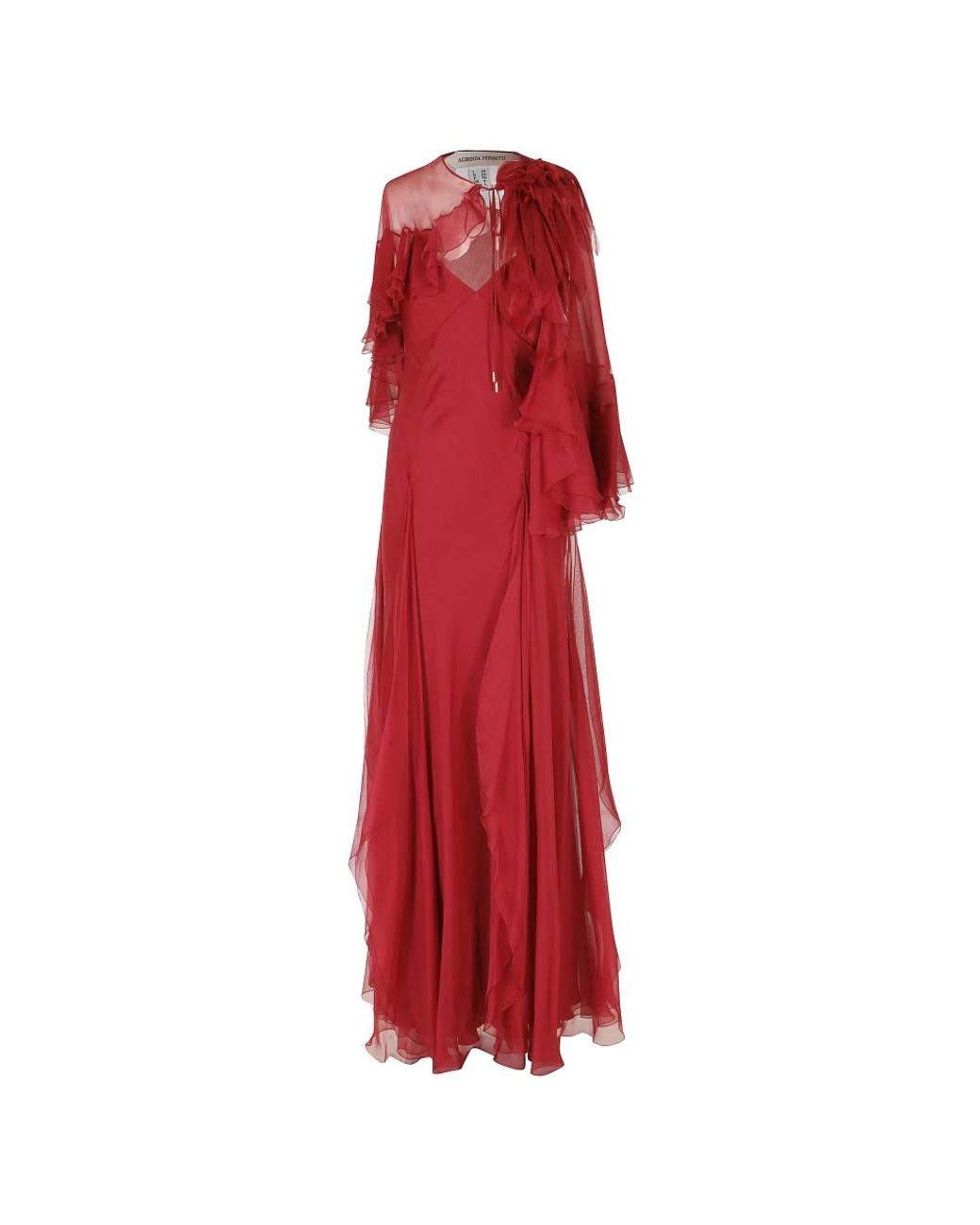 Alberta Ferretti Red Chiffon Detachable Flower Cape Overlay Silk Dress