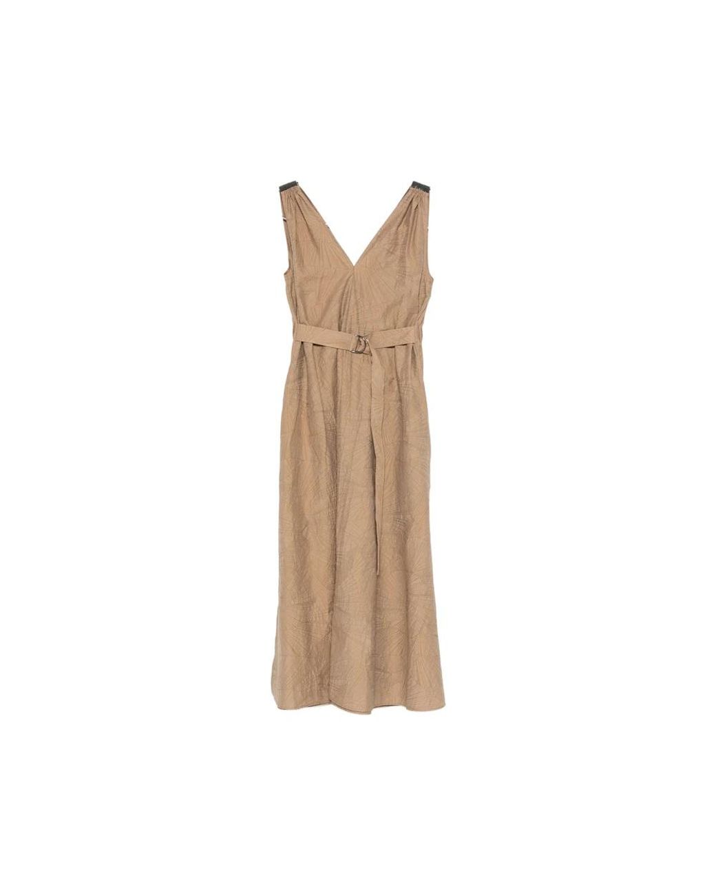 Brunello Cucinelli Kleedjes ,Bruin ,Katoen Waist Belted Midi Dress in het Natural