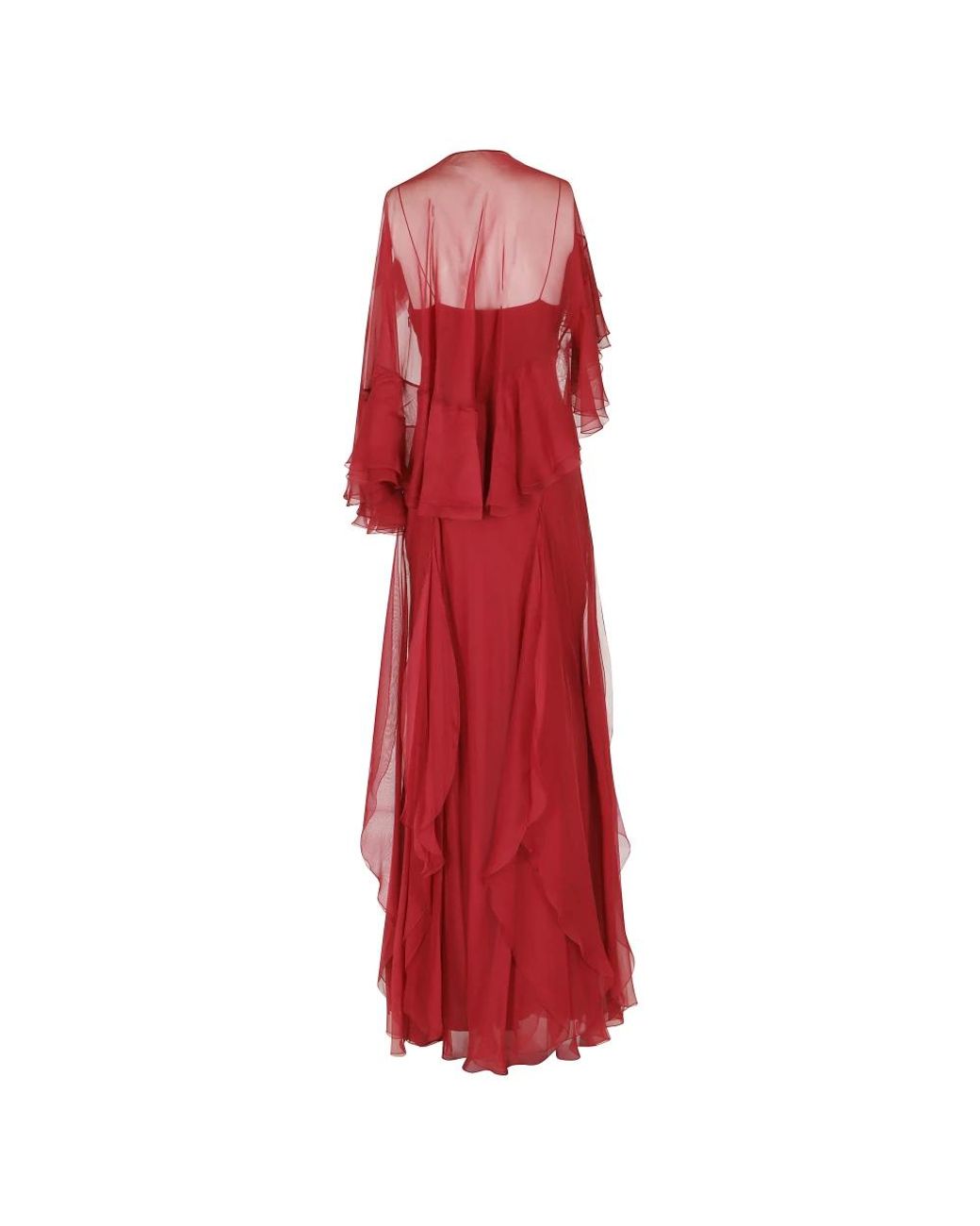Alberta Ferretti Red Chiffon Detachable Flower Cape Overlay Silk Dress