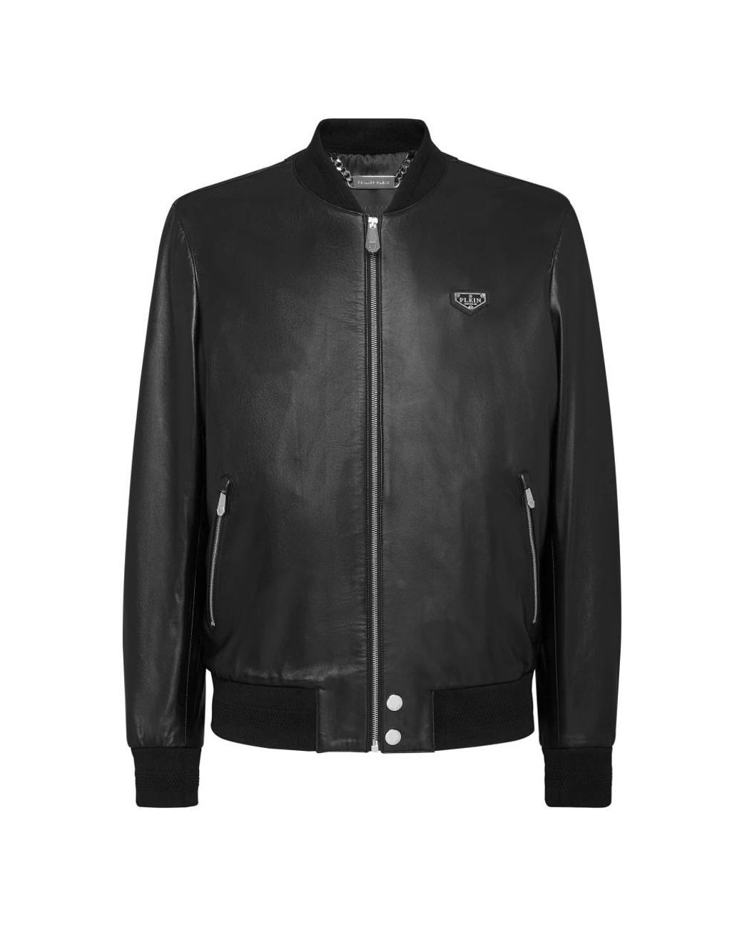Philipp Plein Jassen ,Zwart ,Leer Leather Bomber Ls in het Black voor heren