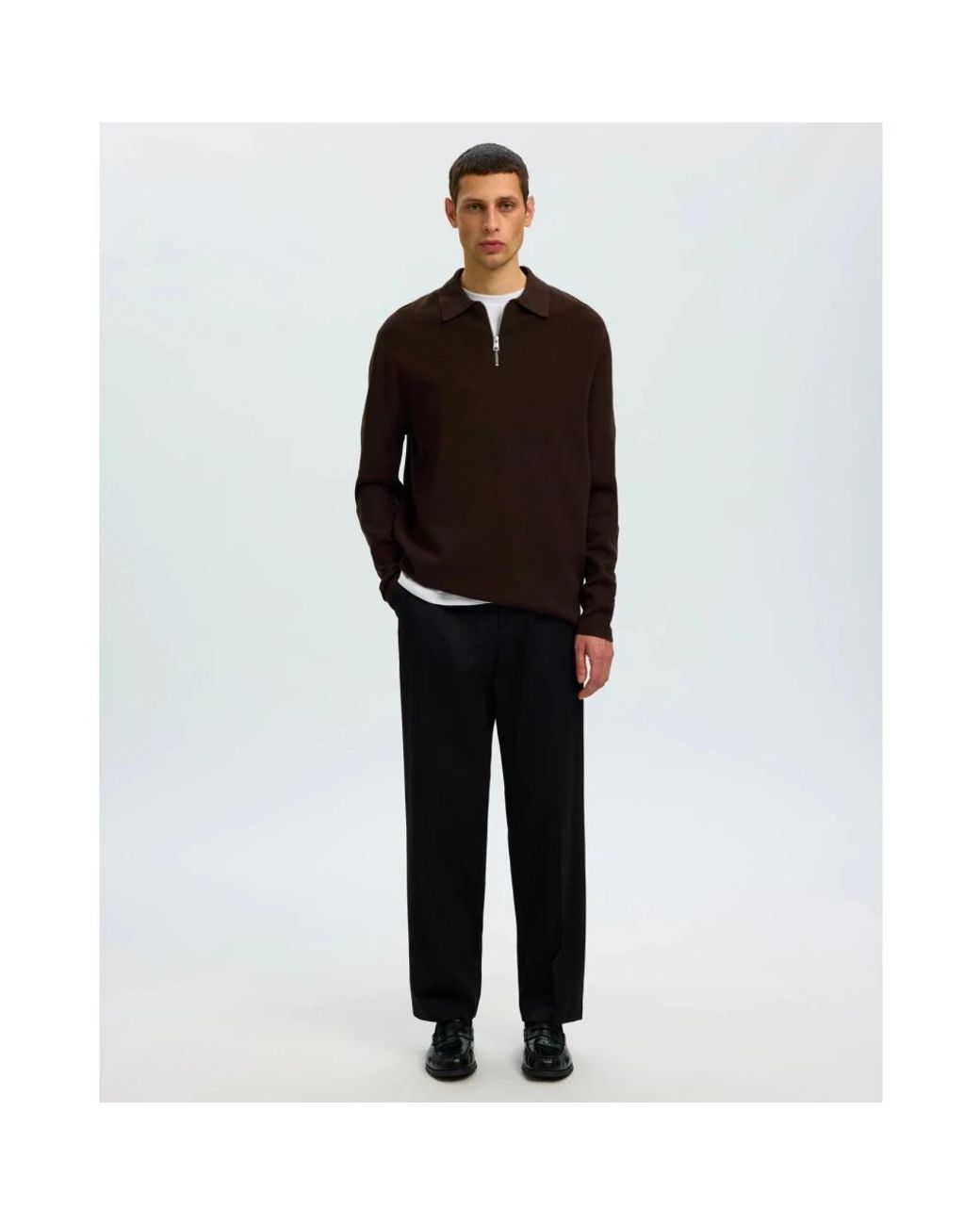 SELECTED Teller Half Zip Polo in Brown für Herren