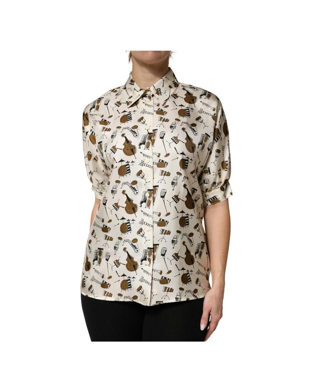 Dolce & Gabbana White Print Silk Polo Top