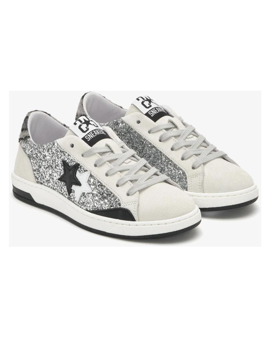 2 Star White Glitzer Silber Leopard Sneakers