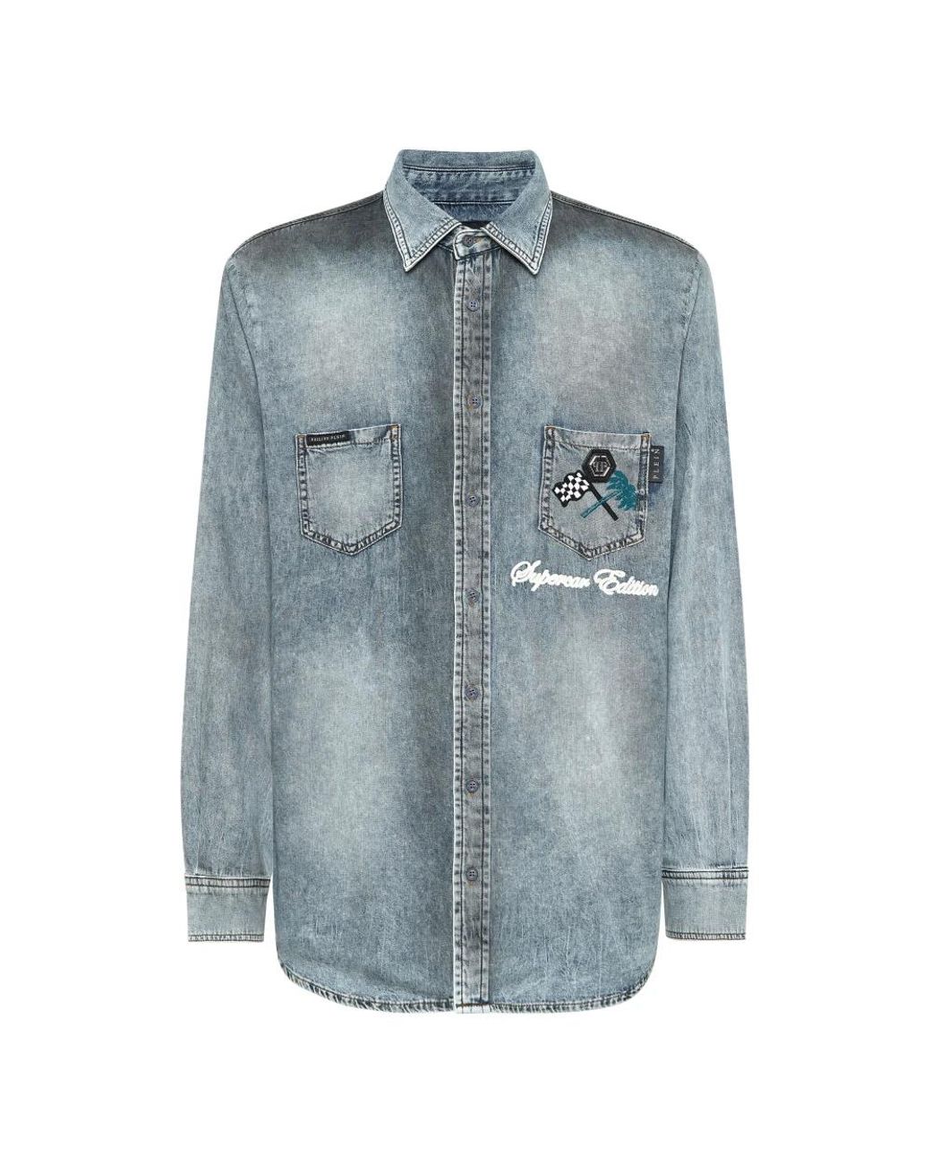 Philipp Plein Overhemden ,Blauw ,Denim Denim Shirt Racing in het Blue voor heren