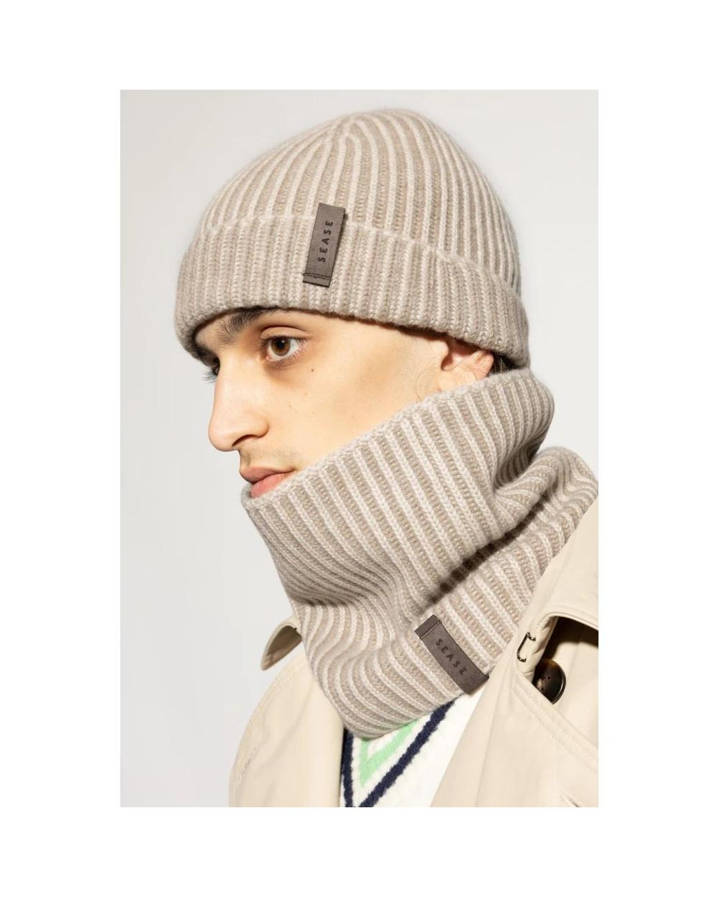 Sease Gerippte Kaschmir-Beanie in Natural für Herren
