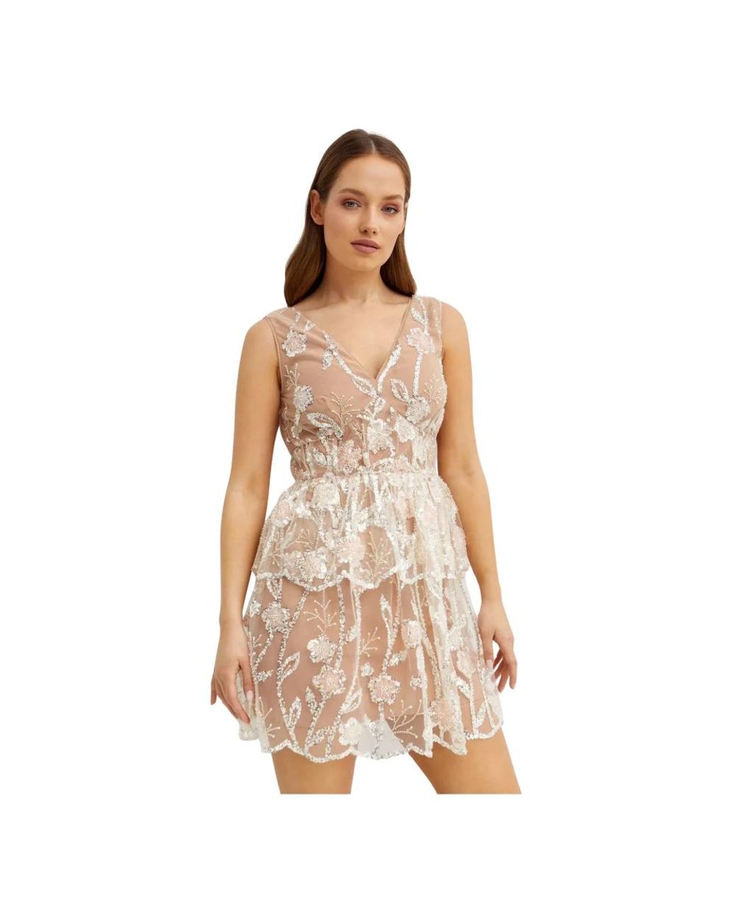 Self-Portrait Kleedjes ,Bruin ,Polyester Sequin Floral Mini Jurk in het Natural