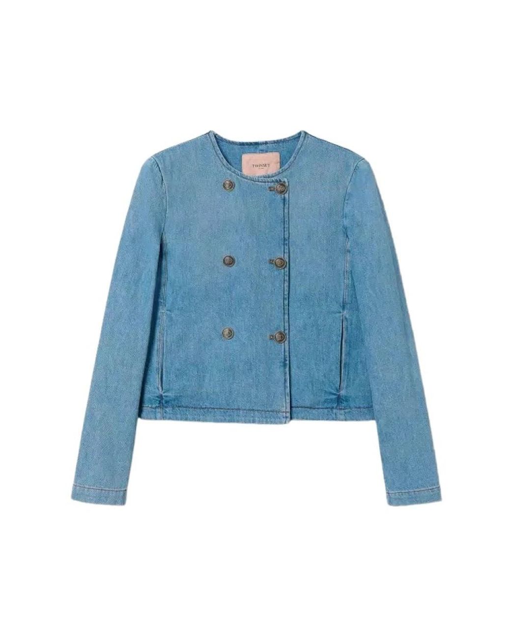 Twinset Jassen ,Blauw ,Denim Denim Koreaanse Jas in het Blue