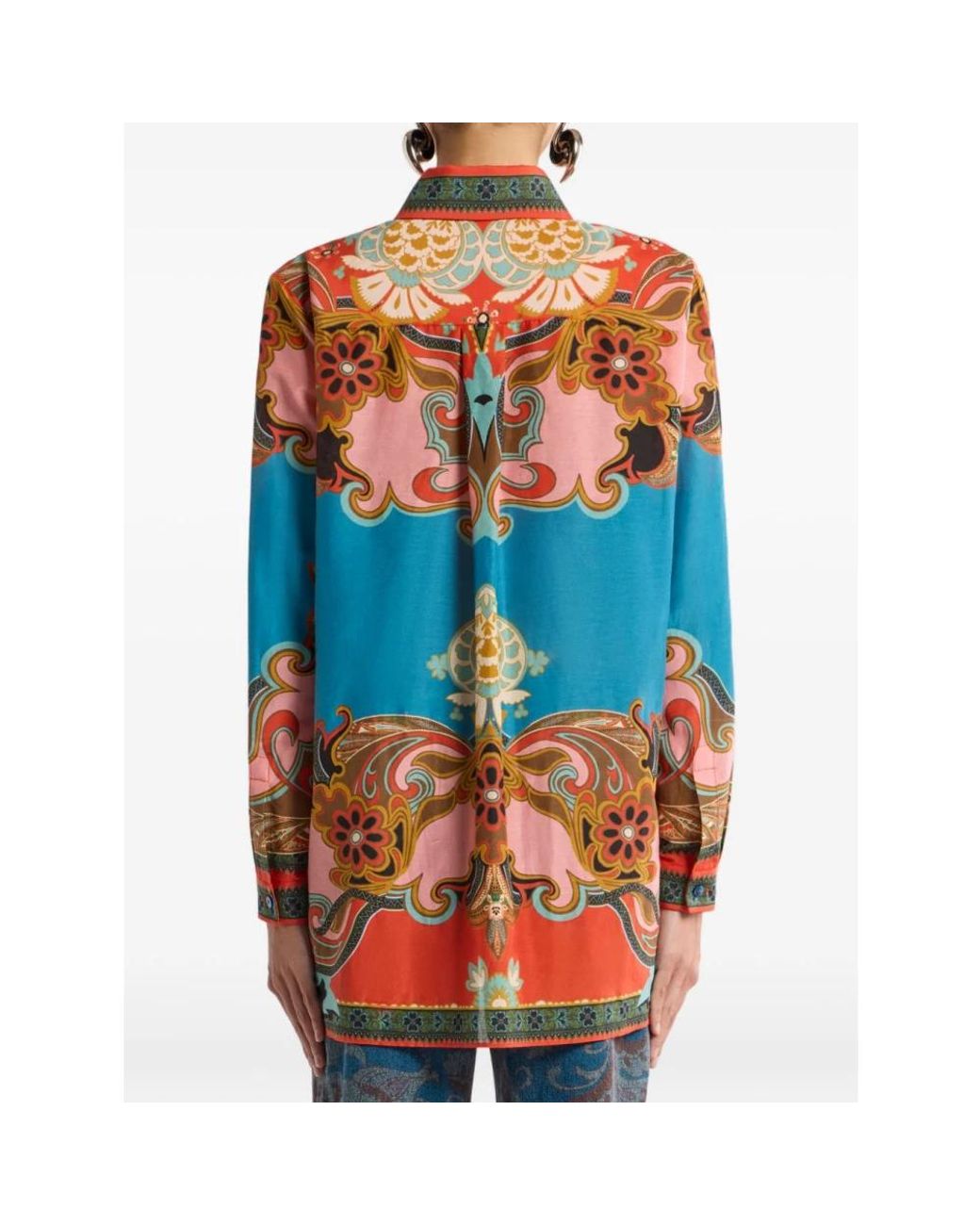 Etro Overhemden ,Veelkleurig ,Katoen Lange Katoenen En Zijden Blouse Met Geplaatste Print in het Orange