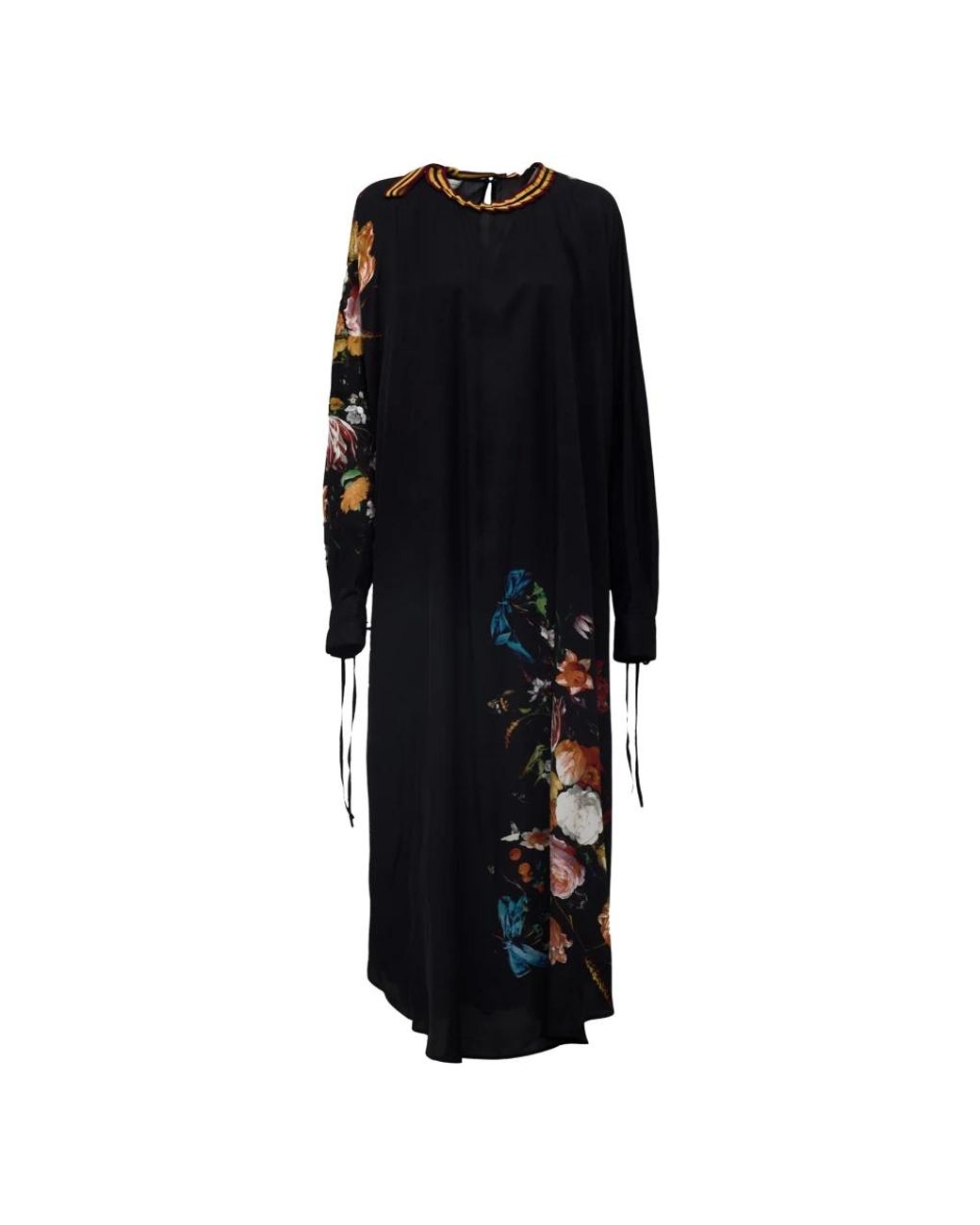 Dries Van Noten Black Daftan W. W. Grosgrain Floral Print Day Dress