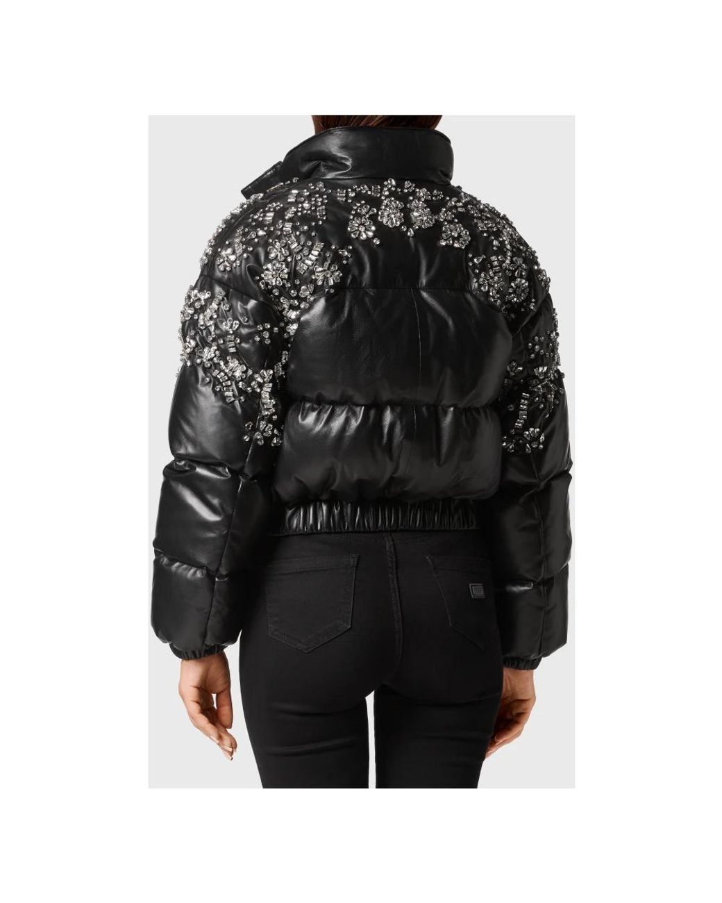 Philipp Plein Jassen ,Zwart ,Leer Leather Puffer Jacket Crystal in het Black