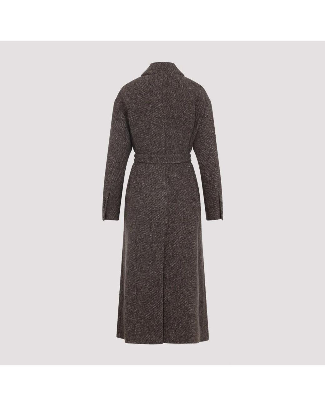 Brunello Cucinelli Brown Wool And Cashmere Diagonal Mélange Coat With Belt And Necklace