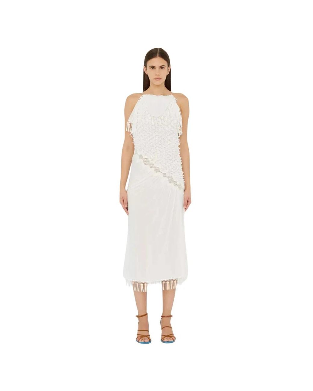 Christopher Esber Kleedjes ,Wit ,Polyester Witte Franje Midi Jurk Kantafwerking in het White