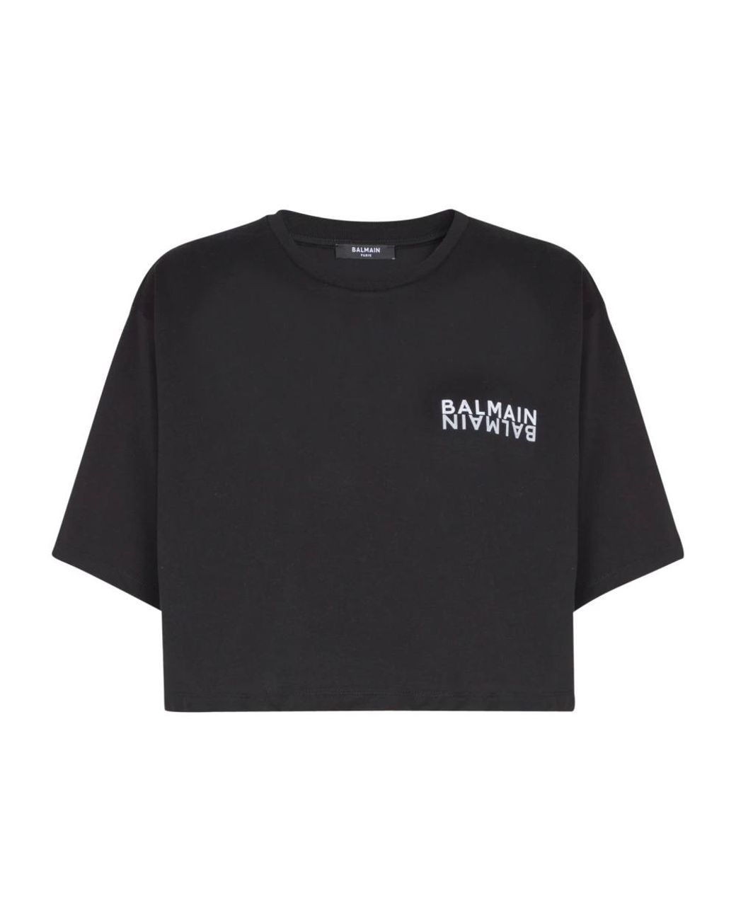 Balmain Tops ,Zwart ,Katoen Cropped T-Shirt Met Print in het Black