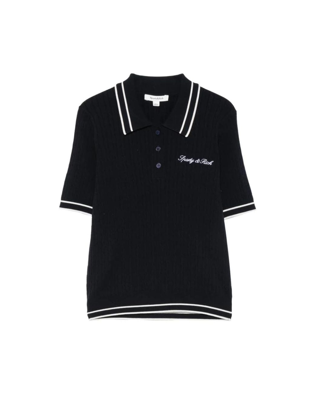 Sporty & Rich Black Cable-Knit Logo-Embroidered Polo Shirt
