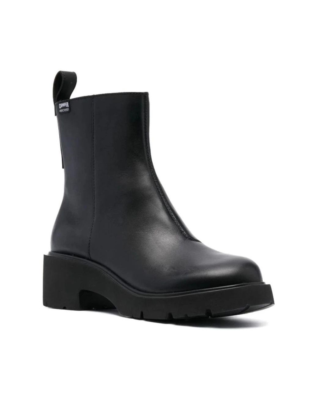 Camper Black Milah Minimalist Sturdy Block Heel Leather Ankle Boots