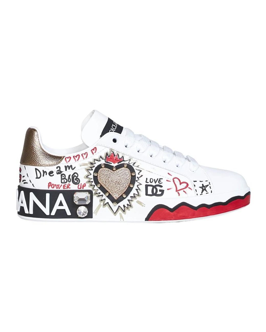Dolce & Gabbana White Portofino Graphic Print Leather Sneakers