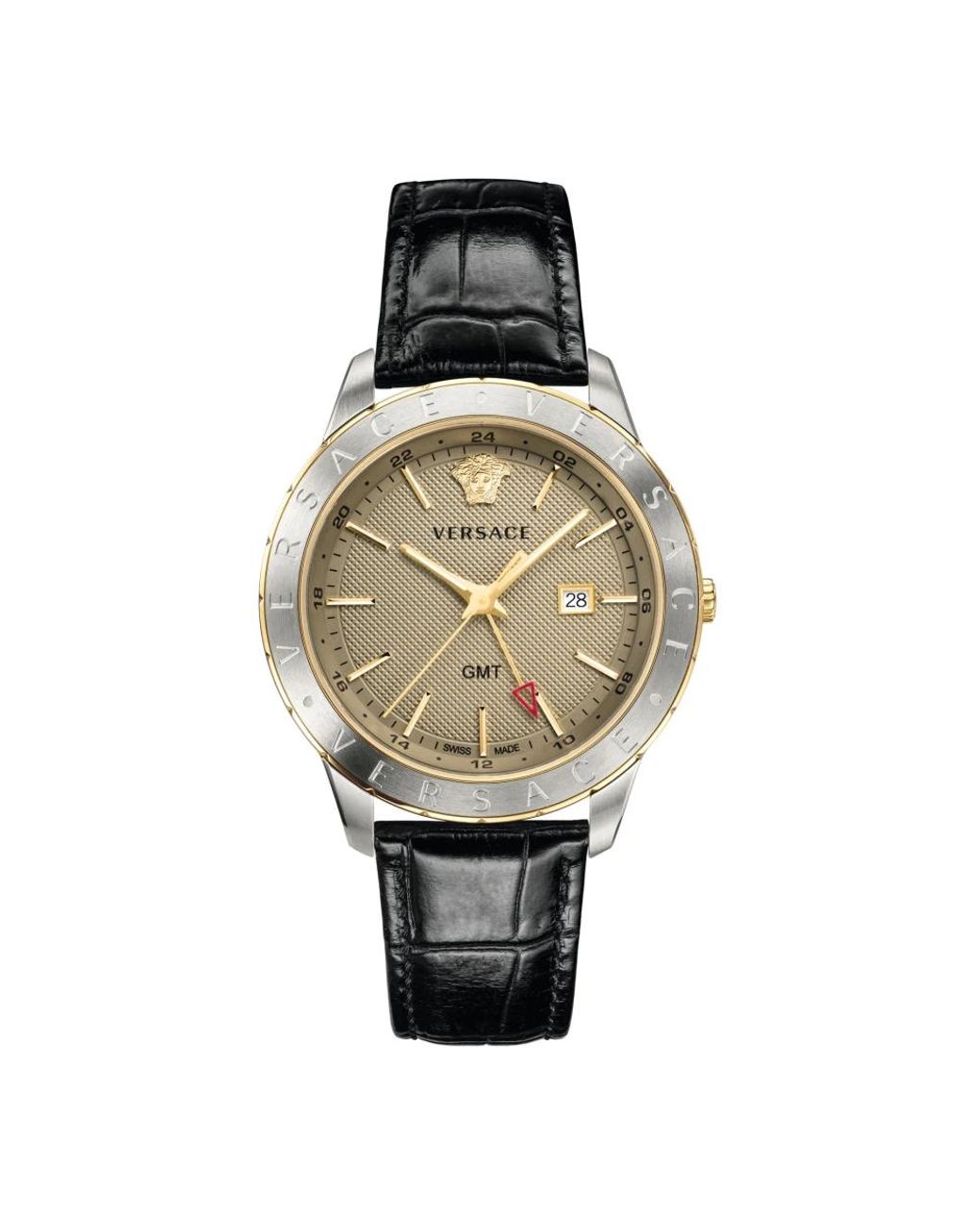 Versace Accessoires ,Grijs ,Leer Herenhorloge Zwart Leer Goud Zilver Gmt in het Metallic voor heren