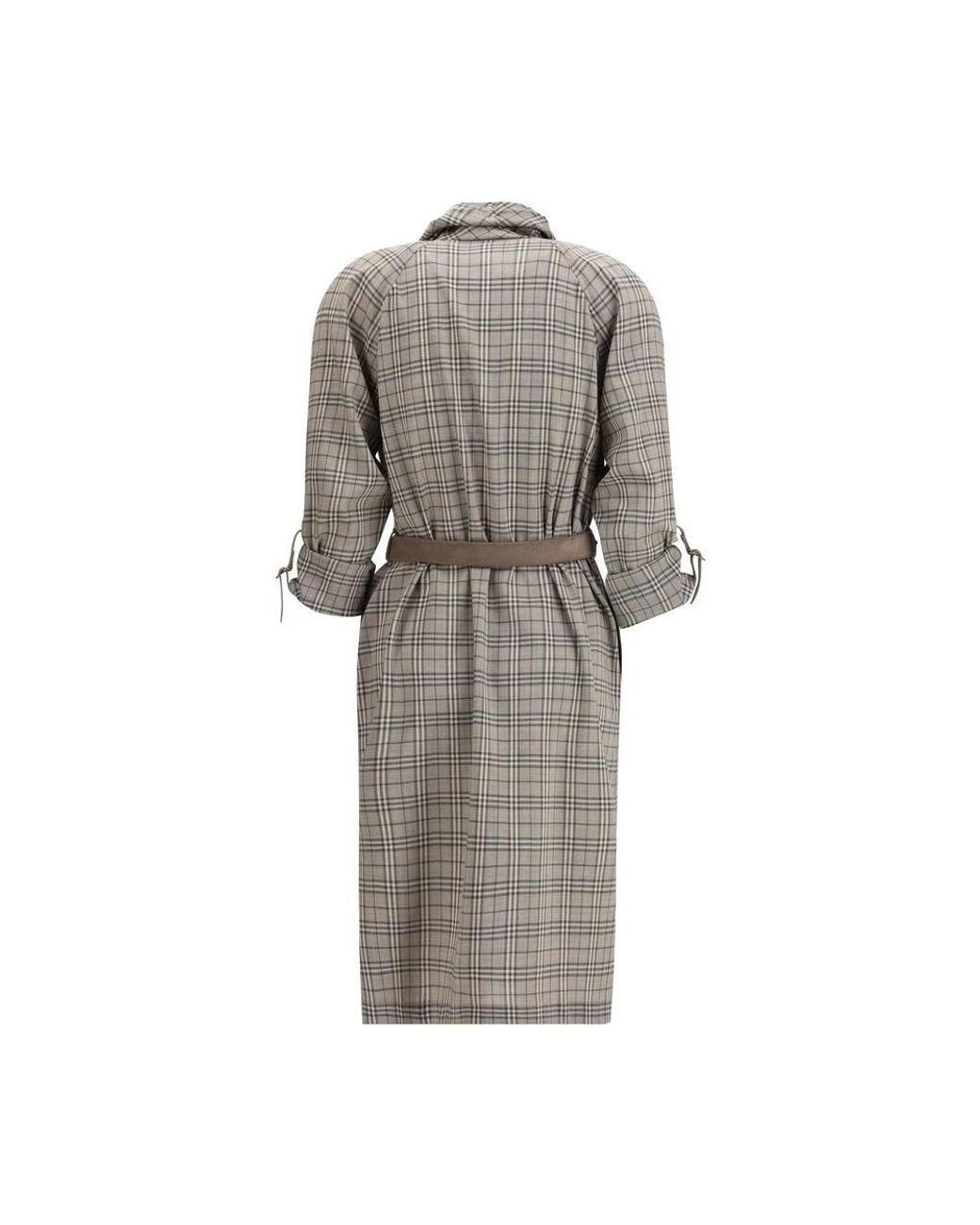 Burberry Gray Wool Check Dress With A Shawl Collar