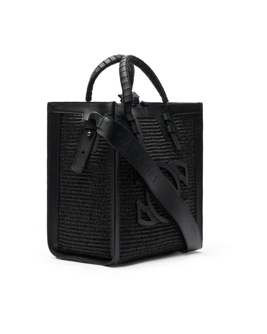 Casadei Tassen ,Zwart ,Leer Zwarte Raffia Tote Bag Met Leren Details in het Black