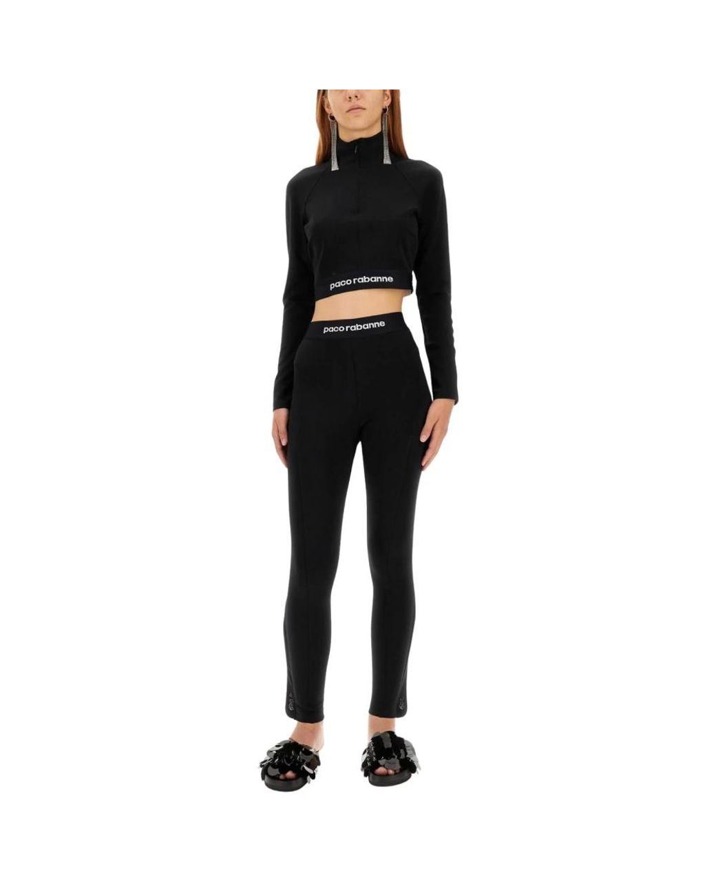 Rabanne Fitness ,Zwart ,Logo Band Cropped Mock Neck Top Met Lange Mouwen in het Black