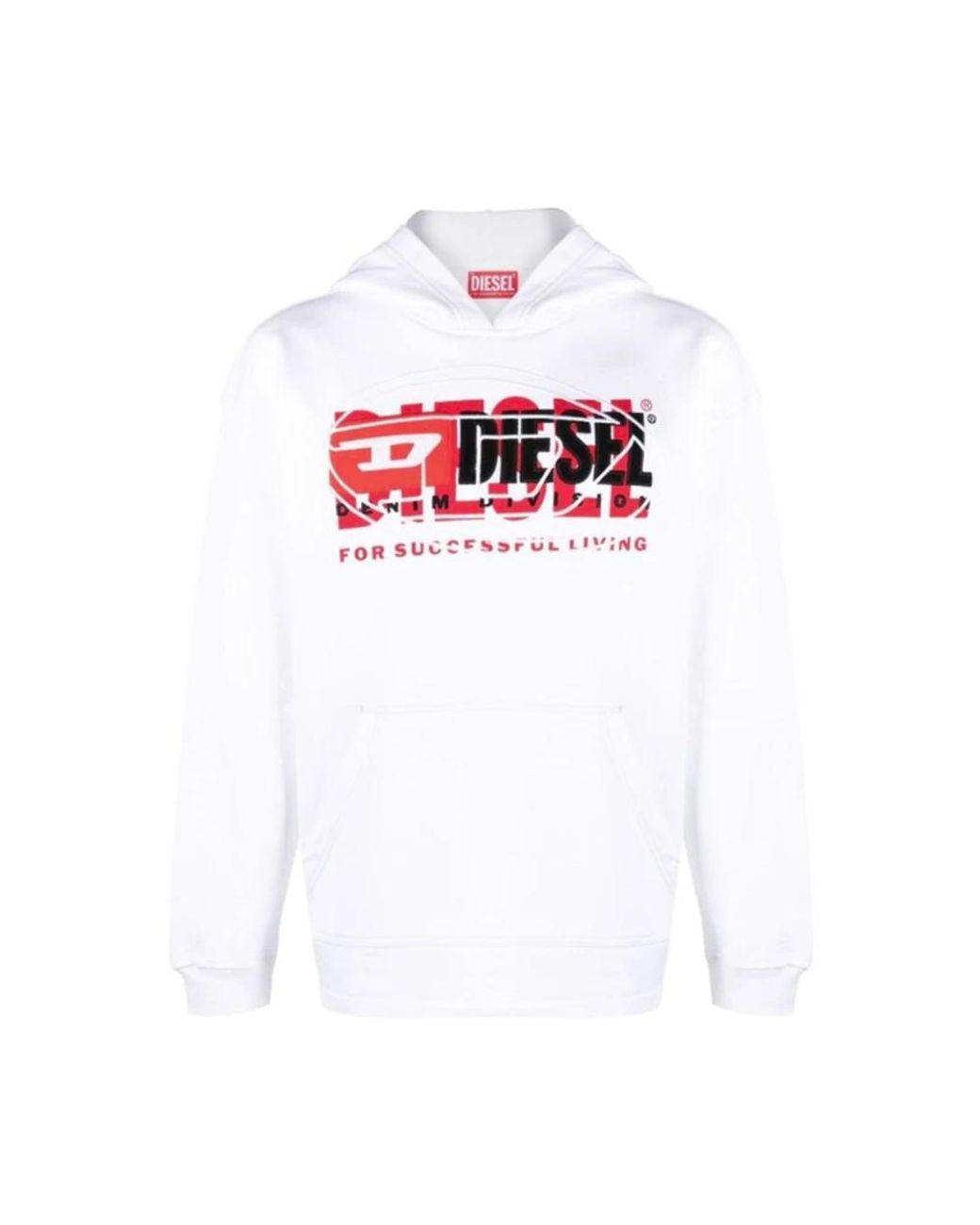 DIESEL White Hooded Print Sweatshirt With Front Pockets for men