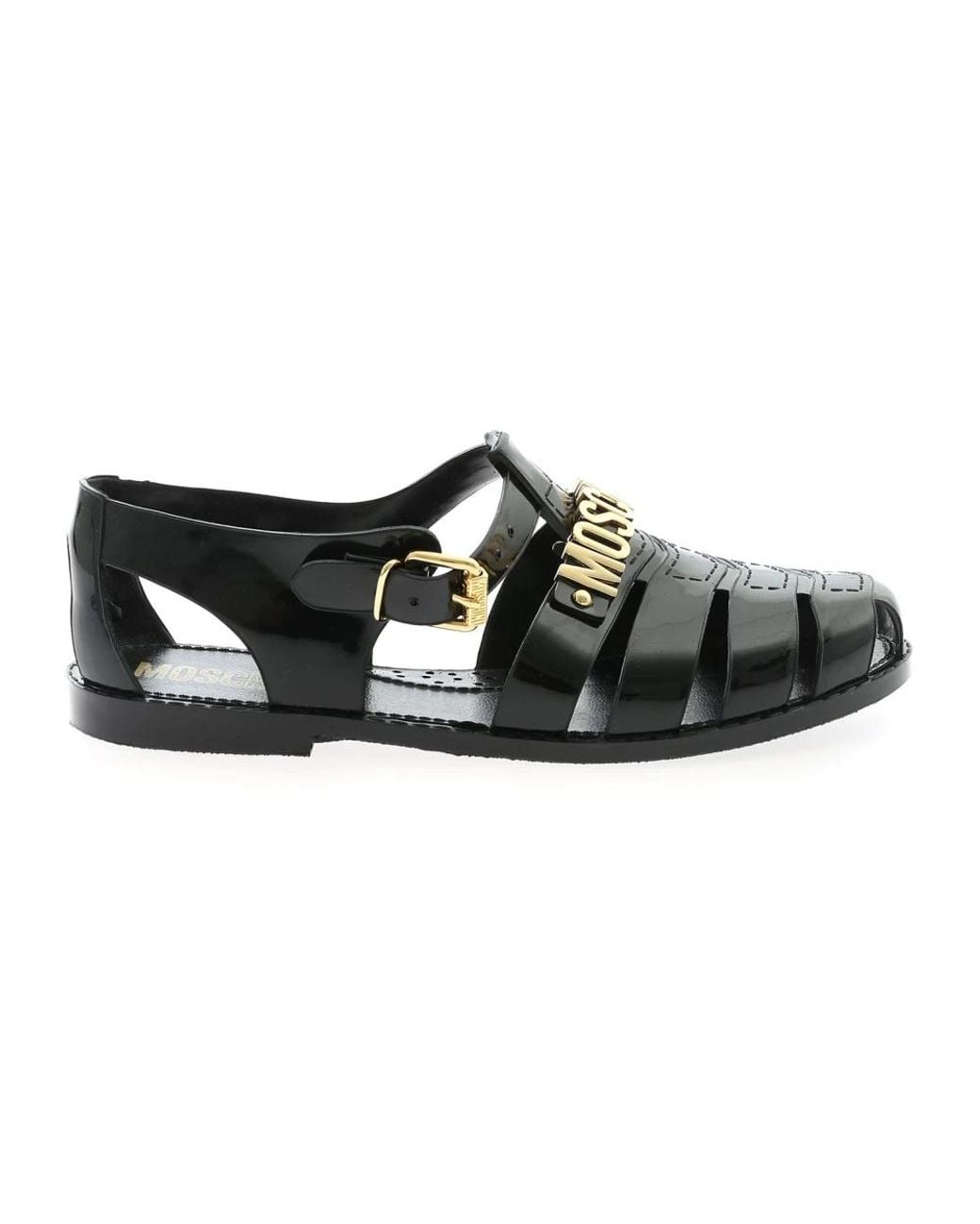 Moschino Schoenen ,Zwart ,Zwarte Rubberen Strandsandalen Met Gouden Logo in het Black voor heren